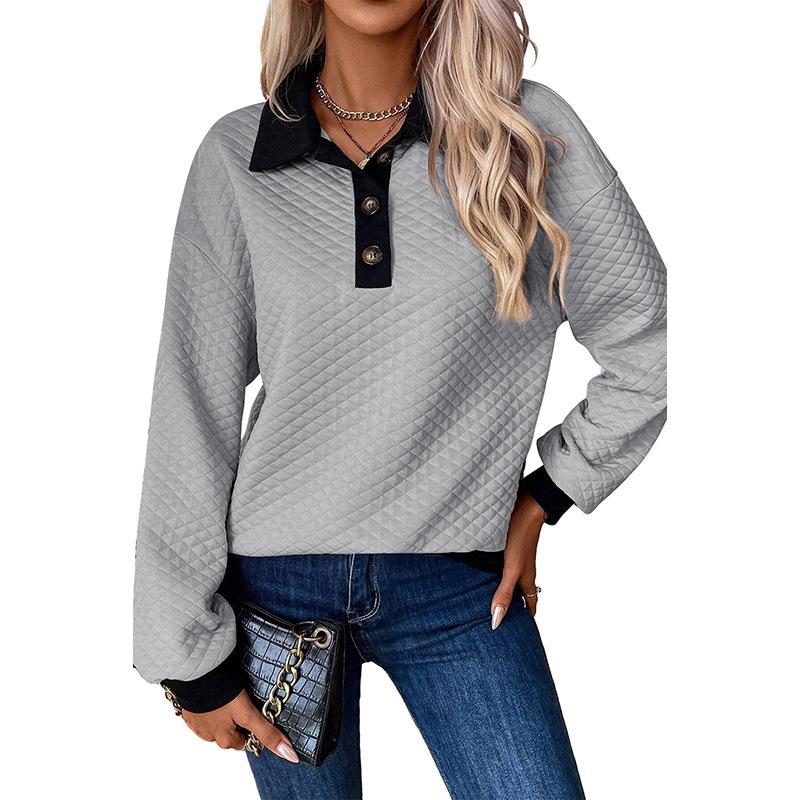 

European & American Color Block Button Lapel Pullover Hoodie - 2025 Winter Casual Women s Top L серый