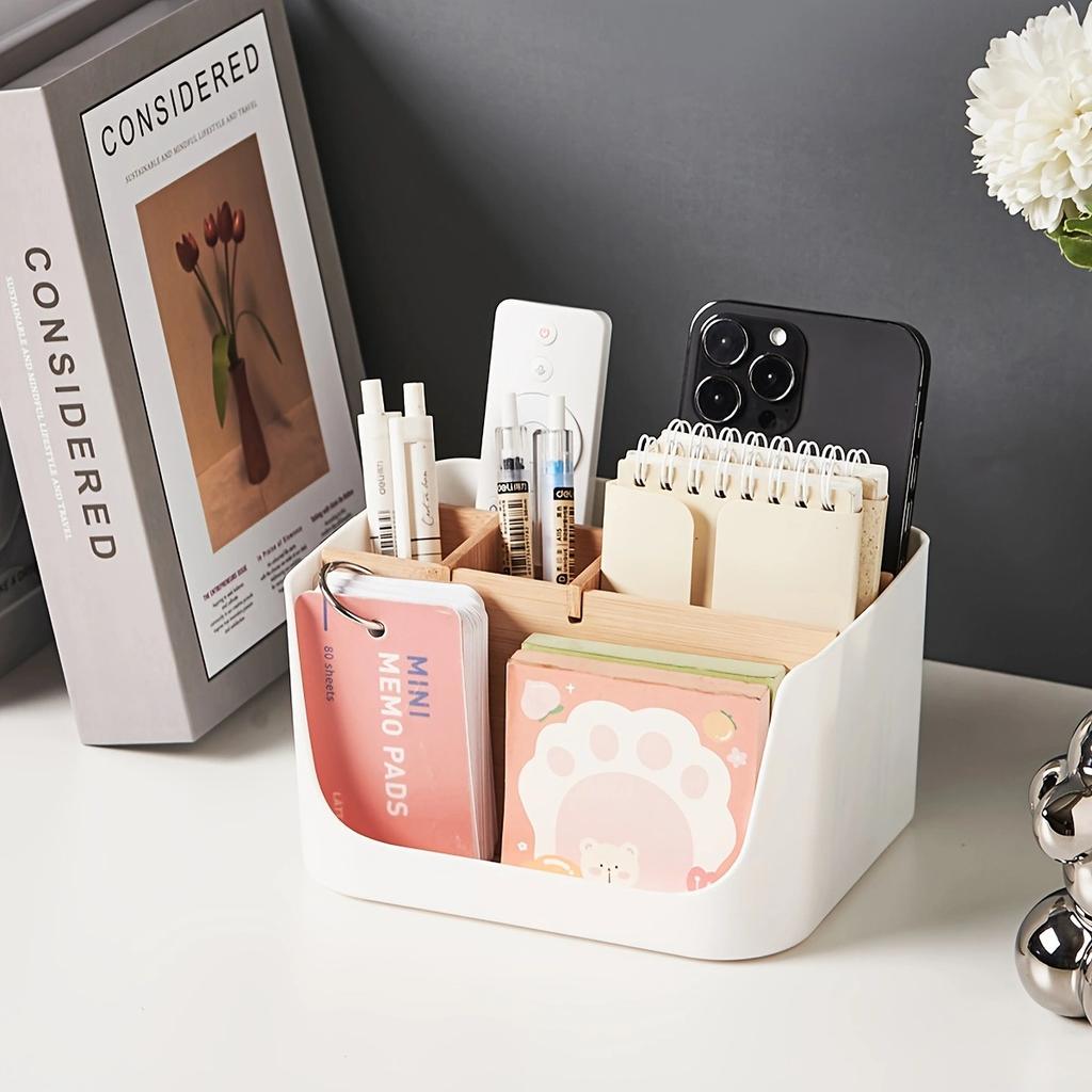 Bamboo Desktop Storage Box Multifunctional Cosmetic Organizer Remote Control Catchall Basket for Living Room Coffee Table