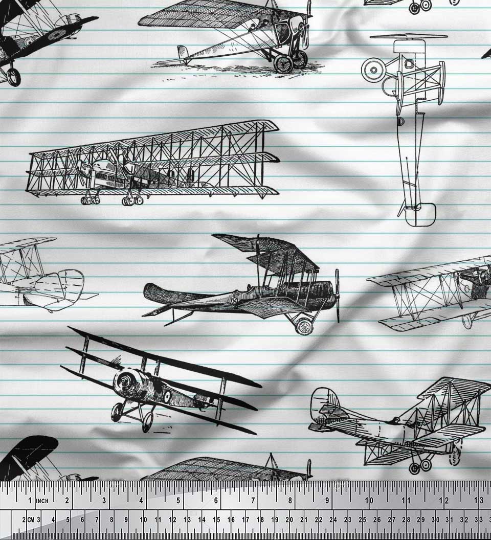 

Тканина Soimoi Japan Crepe Satin Stripe & Airplane Transport Print Тканина на метр 42 дюйма 42 Inch Wide - Poly Crepe білий
