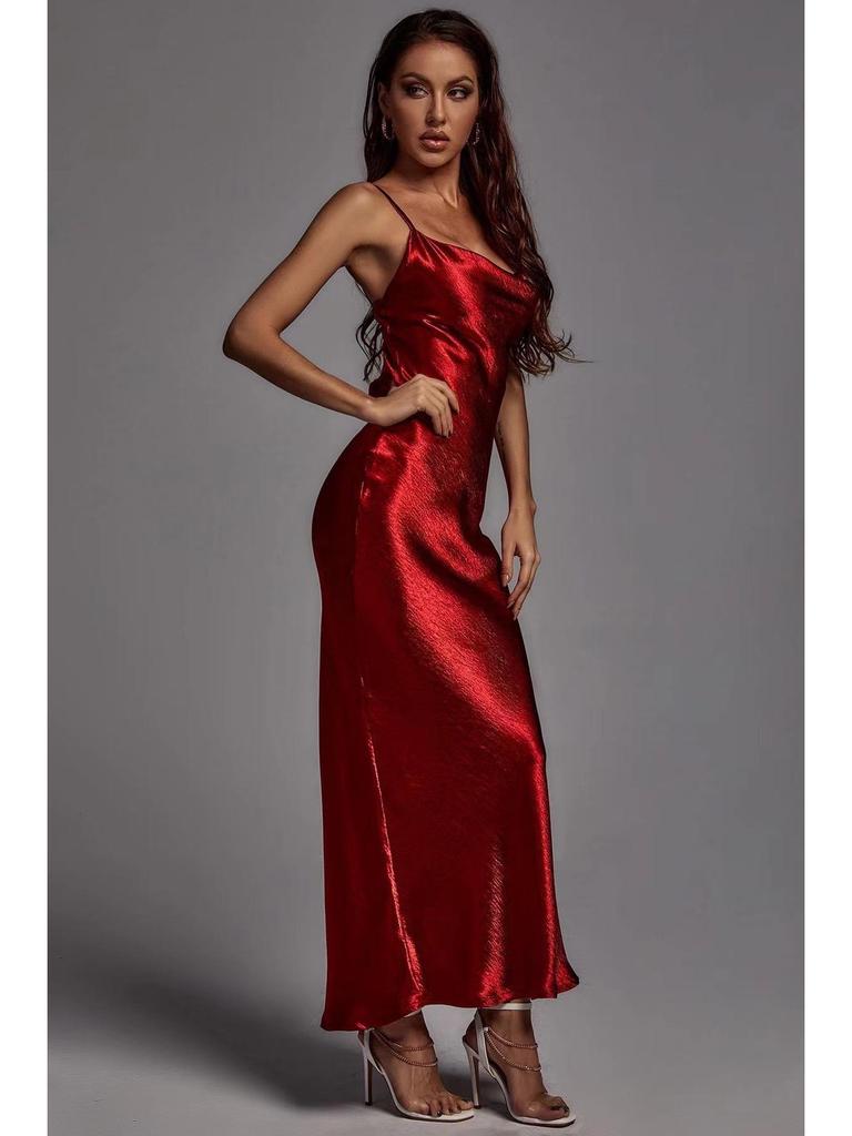 European American Women's Red Strappy Backless Slim Fit Sexy Dress