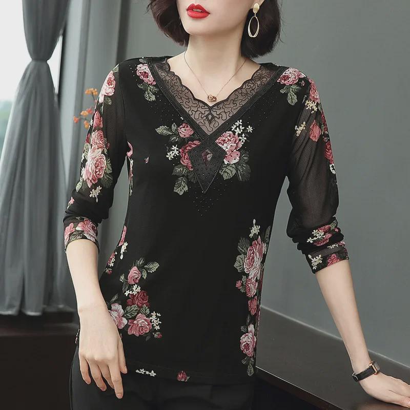 Autumn Black Long-Sleeve Printed Pullover: Mid-Length, Loose-Fit, Round-Neck T-Shirt