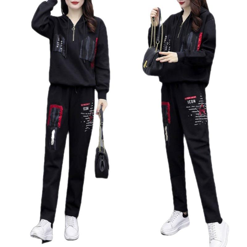 Thick-fabric Padded Thick Winter and Autumn Casual Sportswear Set for Women in Large Size, Loose Fit with Hooded Design, Two-piece Set