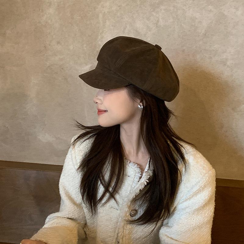 Japanese Brown Beret Female Autumn Leather Art Painter Hat Retro Newsboy Hat Slim British Octagonal Hat