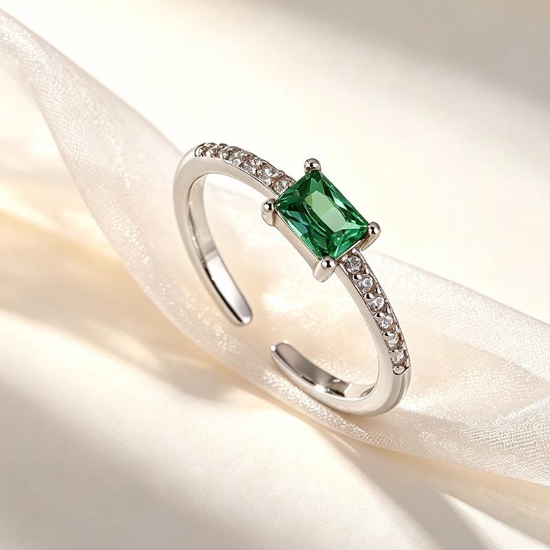 Adjustable Green Zircon Square Pinky Ring with Paved Rhinestones - Light Luxury for Women