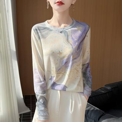 New Soft and Loose Versatile Base Layer Knitted Sweater, Thin Style, Printed Round Neck Long Sleeve Sweater for Women