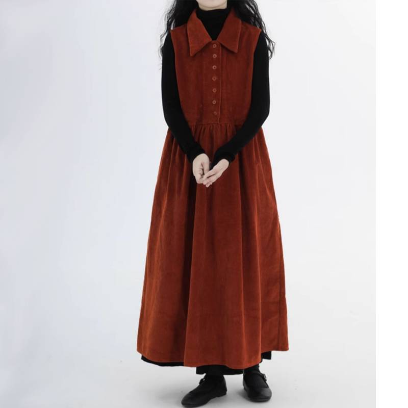 Women's Point Collar Sleeveless Maxi Dress Loose Fit Elastic Waist Solid Corduroy Tank Dress With Button Front