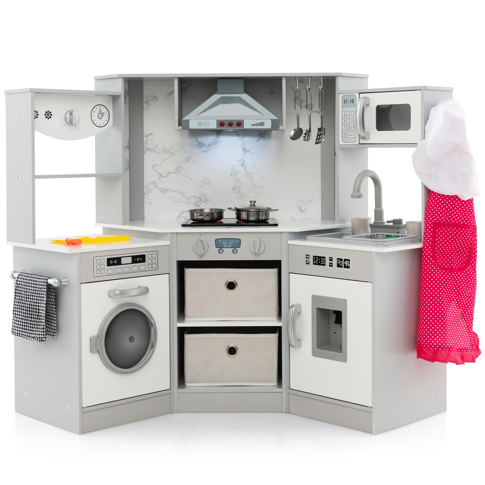 Giantex Pretend Play Kitchen Corner Kitchen Playset with Cooking Utensils, Realistic Sound and Light Effects, Cuttable Food, Washing Machine,