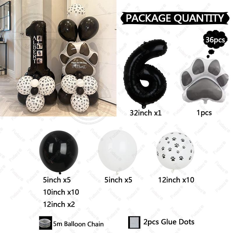 36pcs Black Dog Claw Balloon Numbers 1-9 Birthday Balloon Set Cartoon Animal Theme Party Decoration Pet Party Supplies