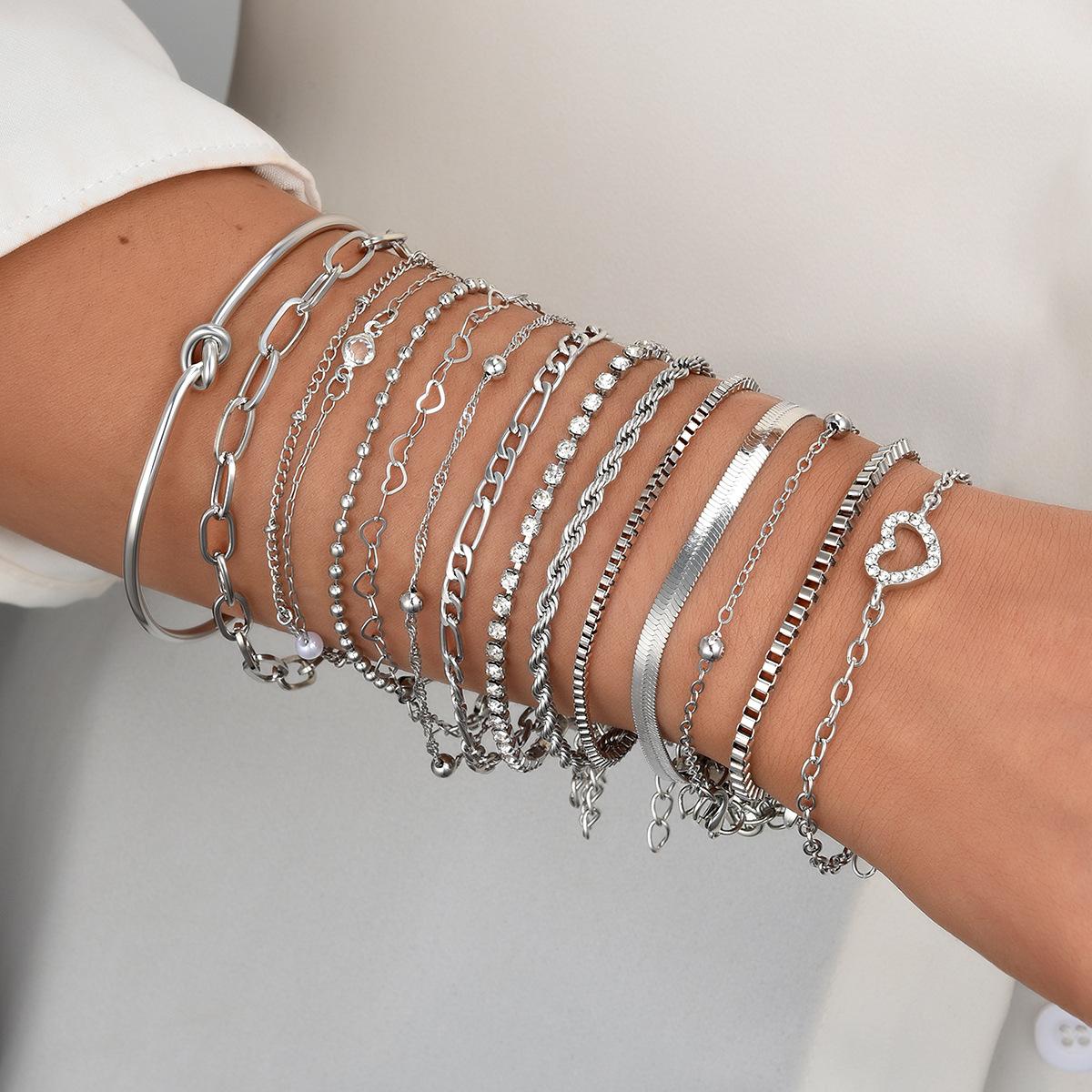 

15pcs Set Simple Temperament Micro-inlaid Zircon Hollowed-out Heart Shape Knot Chain Bracelets for Women Jewelry Sets Accessory