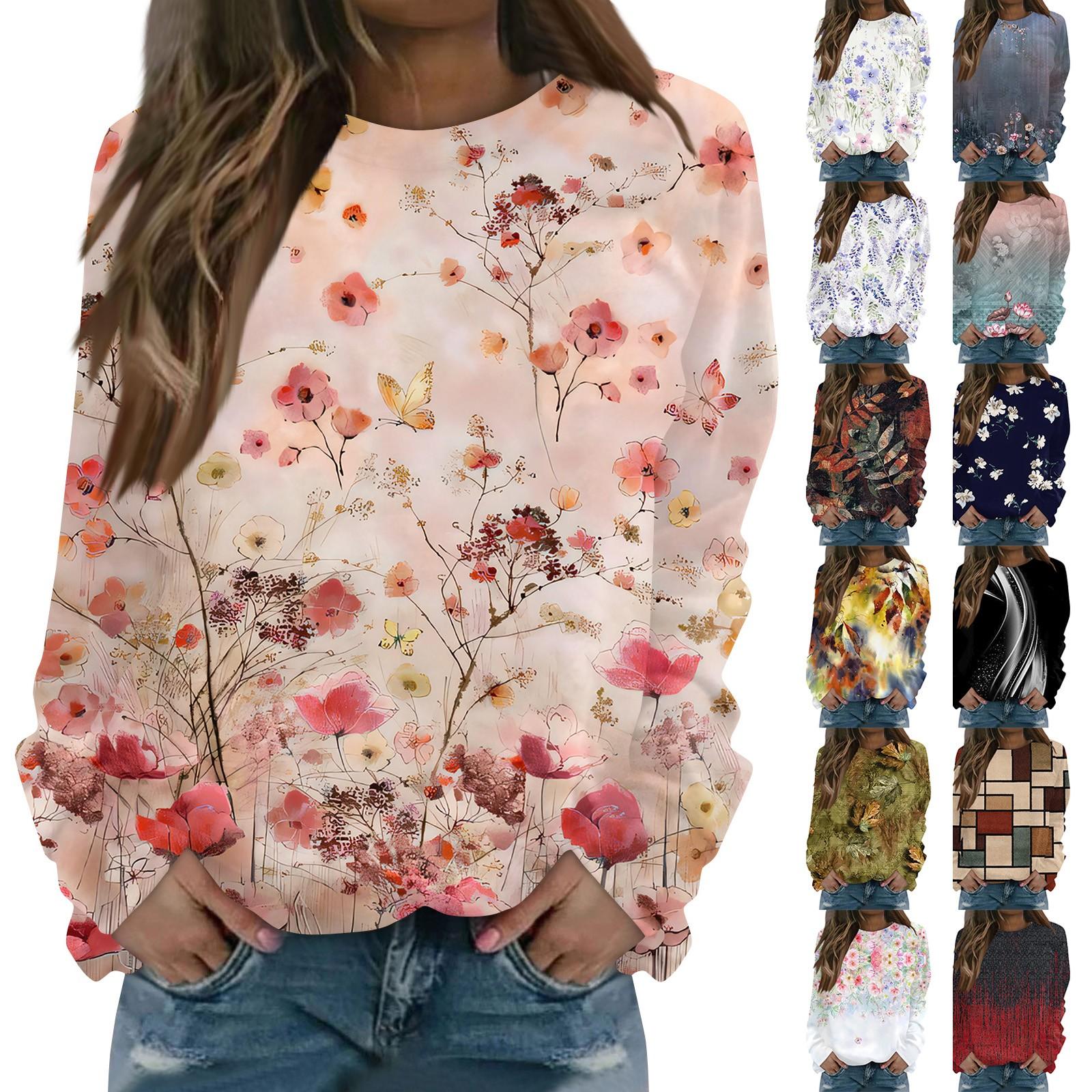 

Женская повседневная модная блузка с длинным рукавом и круглым вырезом с цветочным принтом и пуловером