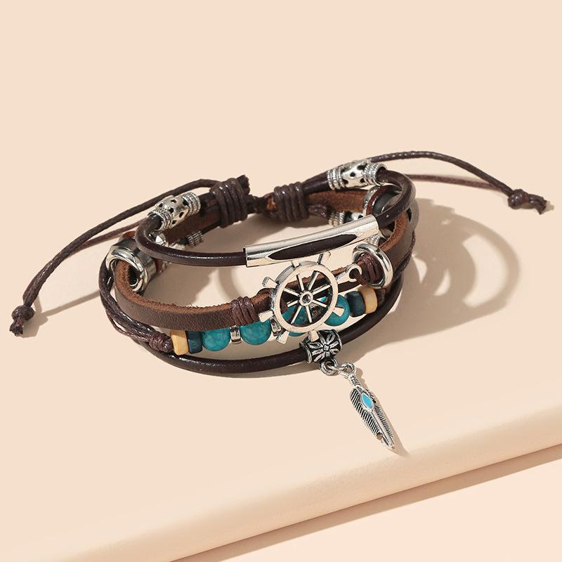 Vintage Cowhide Jewelry, New Turquoise Multi-layer Leather Bracelet, Genuine Leather Feather Bracelet.
