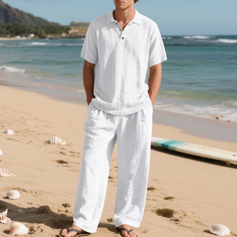 European Men's Casual Linen Short-Sleeve Shirt & Long Pants Set - Breathable Cotton Blend Two-Piece