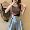 Damen Sommer Rotes Graues Batik Raffung Spaghettiträger Asymmetrisches Crop Top