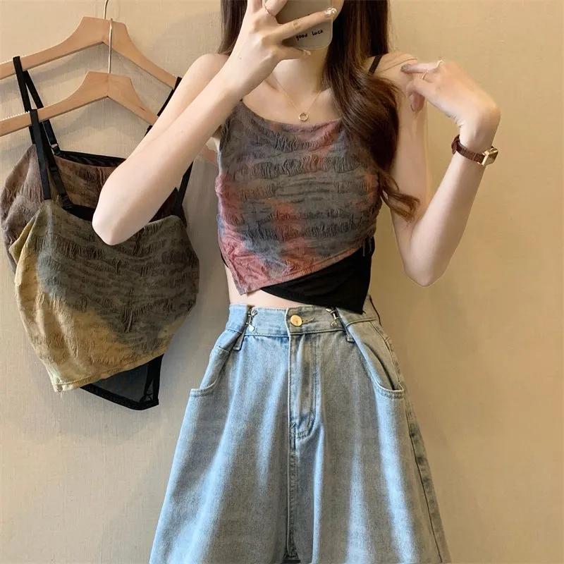 Женский летний красный серый тай-дай с драпировкой на тонких бретельках асимметричный укороченный топ OneSize розовый