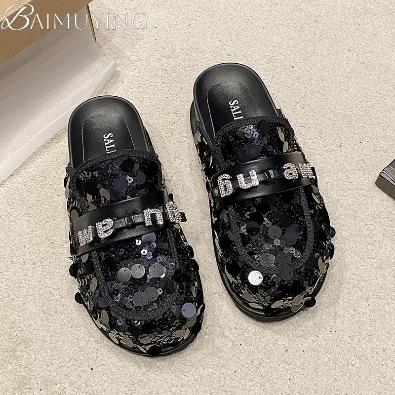 Bling Platform Mules Slippers Women Flat Sandals Casual Loafers Shoes Woman 2025 Trend Comfort Elegant Dress Summer Slides Mujer