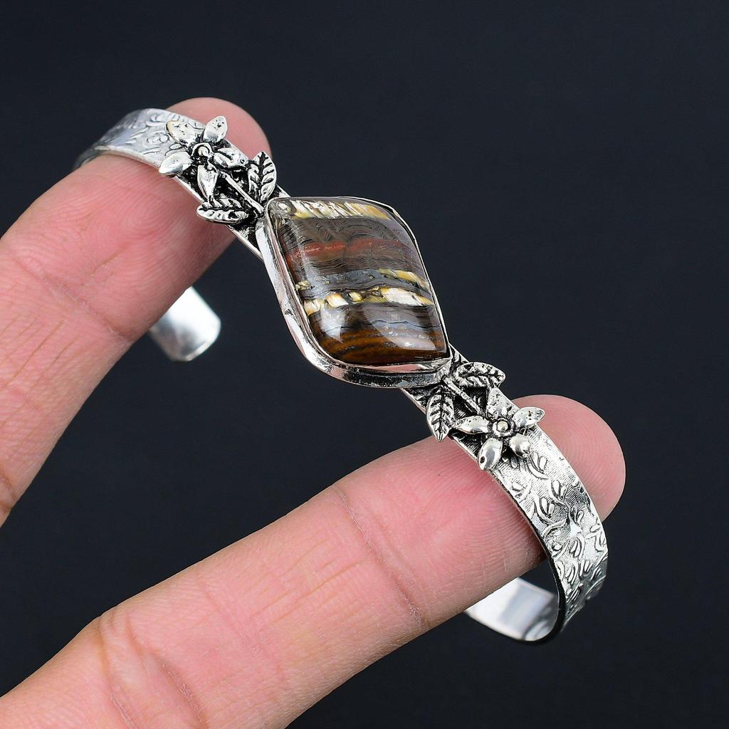 Womens Day Sale 925 Sterling Silver Iron Tiger Eye Gemstone Ethnic Flower Bangle
