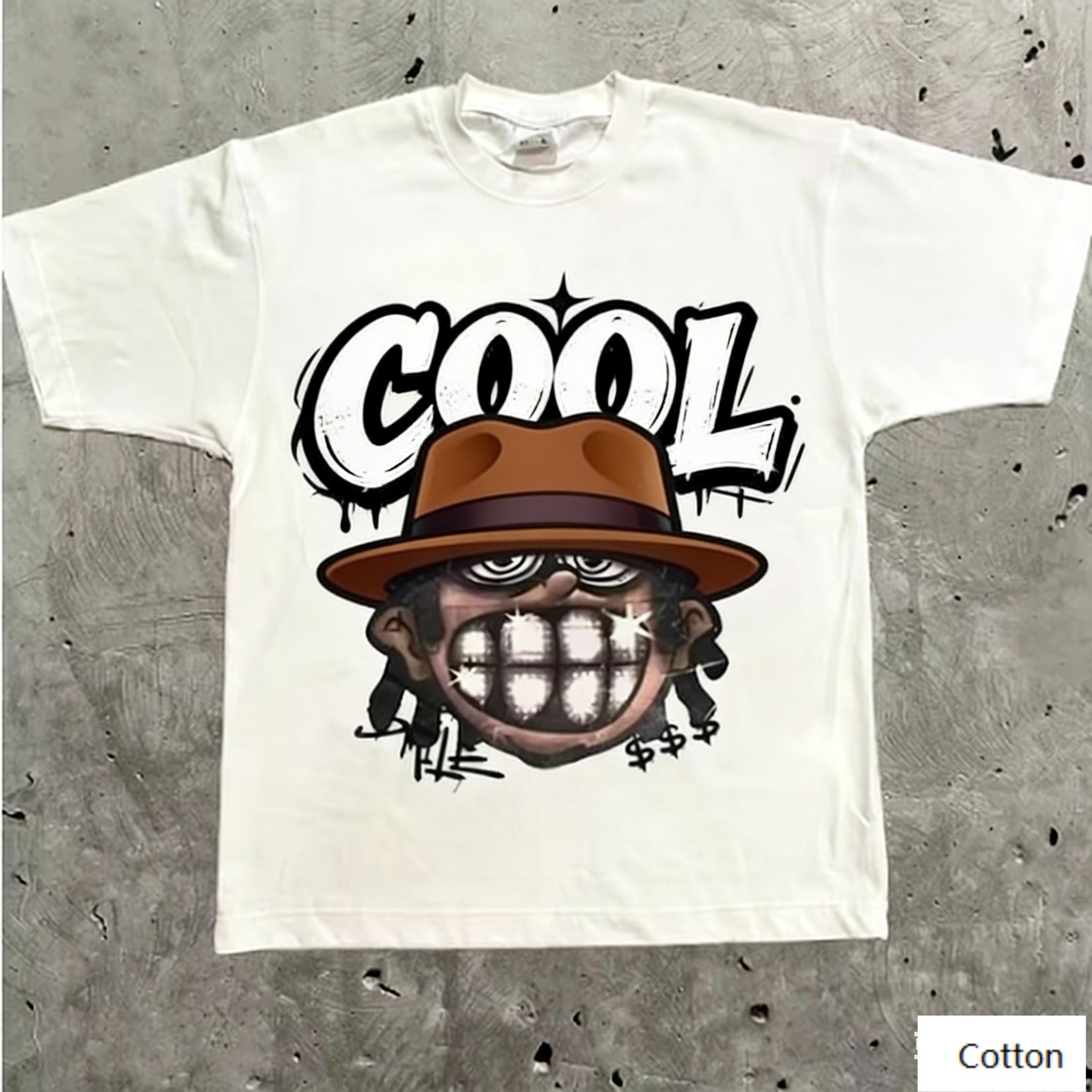 

Streetwear Unisex Cotton TShirt Featuring Edgy Cartoon HipHop Design and COOL Graffiti Text HipHop Style Top 4XL