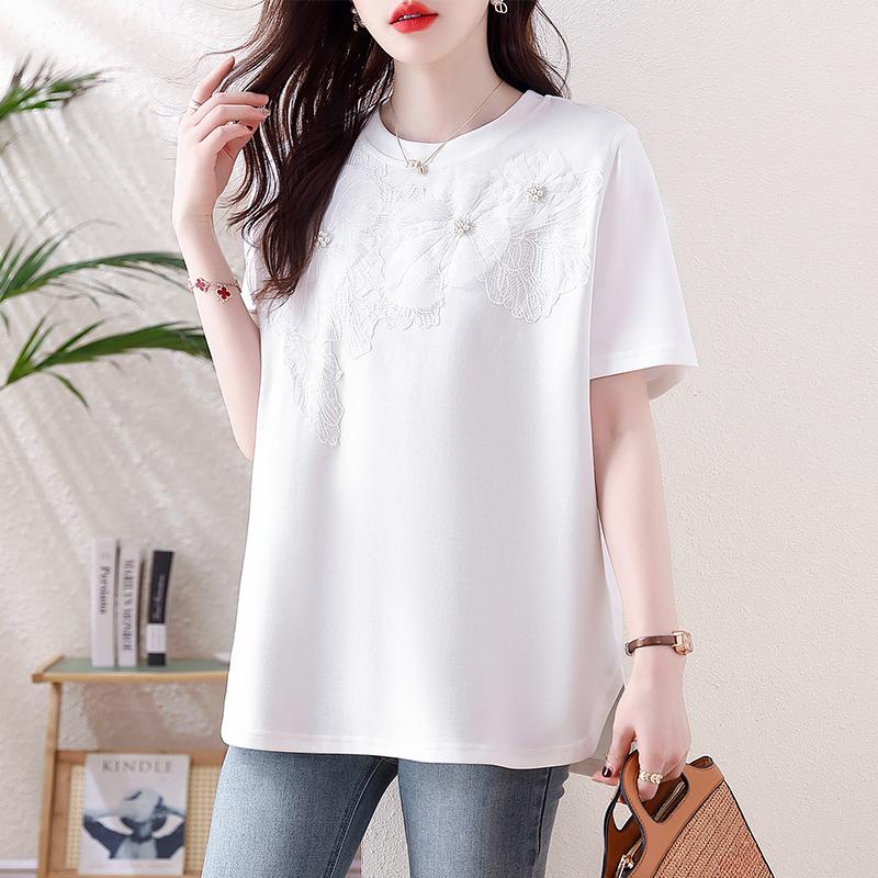Dimanaf 2025 Summer Women Plus Size Basic T-Shirt Vintage Fashion Casual Loose Flower Lace Tops Tees Oversized