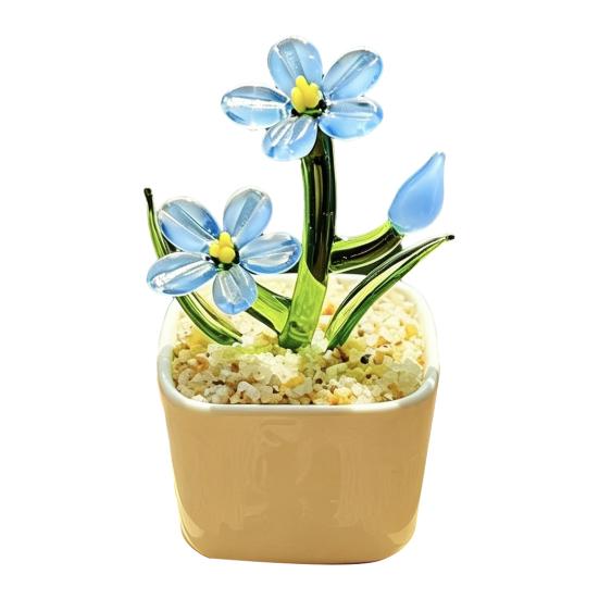 

Mini Hand Blown Glass Artificial Flower Handmade Forget-Me-Not Flower Figurine in Pot Faux Crystal Flower Ornament Gifts for Women on Mother s Day