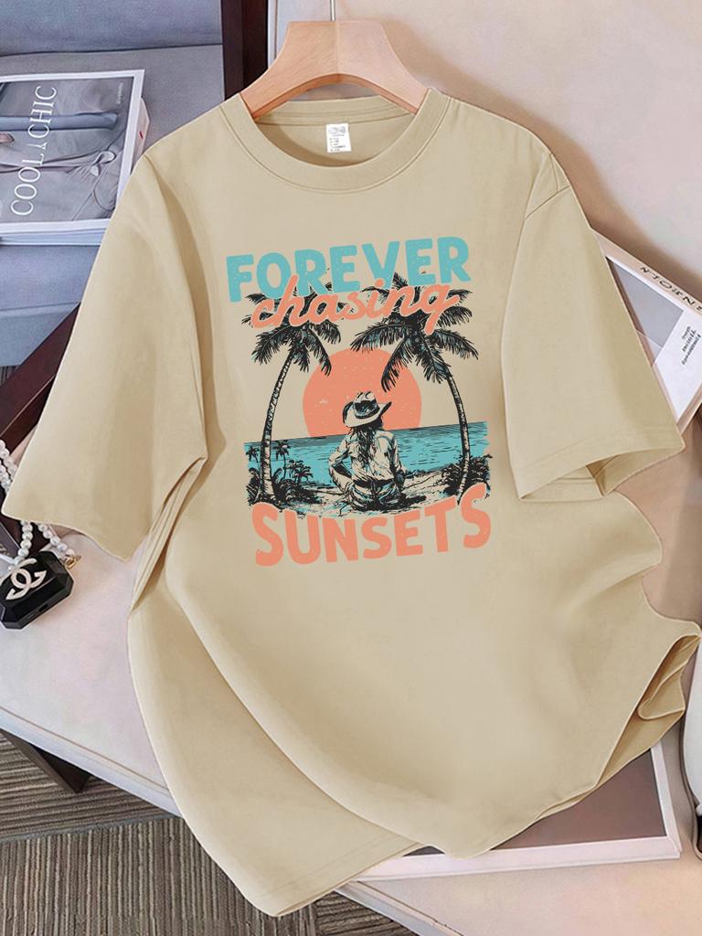 Summer T-Shirts Cotton Womens Forever Chasing Sunsets Cowgirl Printing Short Sleeve Comfortable Soft O-Neck Tops Basic Clothes