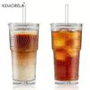 600ML Glasbecher mit Noppenmuster, mit Deckeln und Glasstrohhalmen, 1/2 Stück, dickwandiger Glasbecher für Eiskaffee, Smoothies, Milch, Wasser, Saft