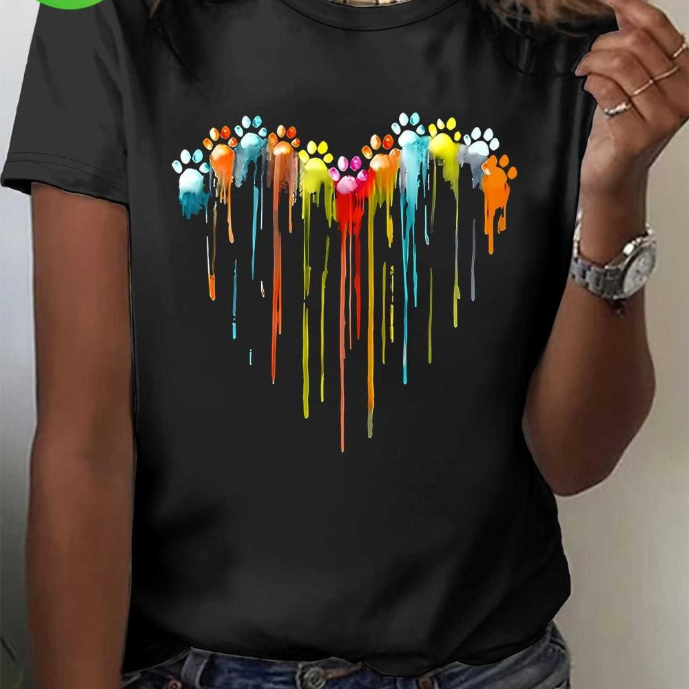 Women's Casual Short Sleeve T-Shirt Colorful Paw Print Heart Design with Multicolor Dripping Paint Art Fashion Artistic Tee