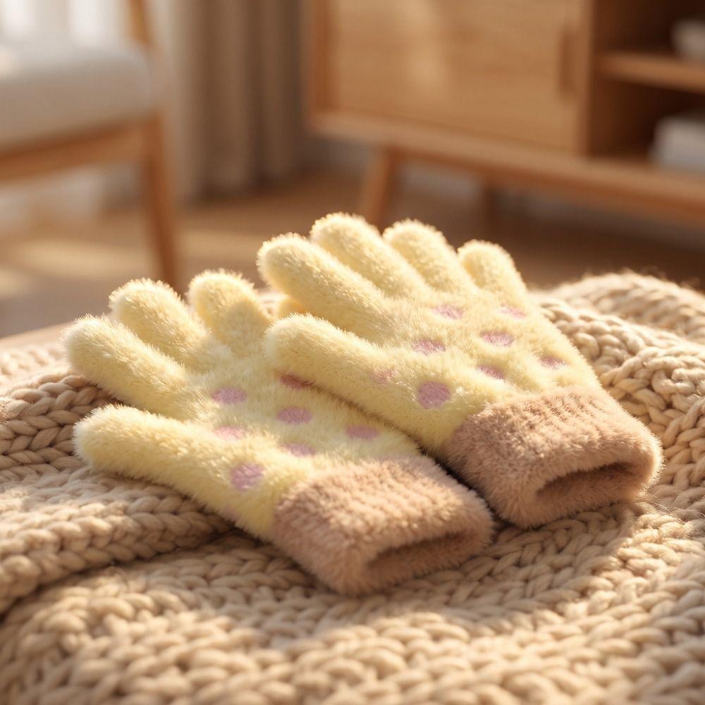Touchscreen Five-Finger Gloves Polka Dot Warm Gloves Sweet Knitted Gloves Winter