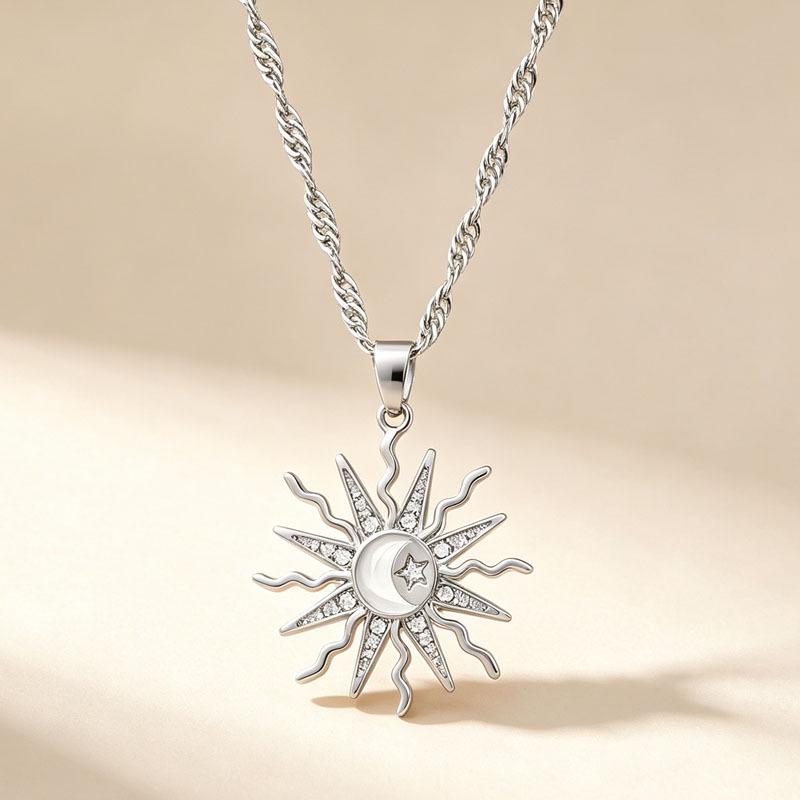 Collier pendentif polyvalent en alliage Soleil, Lune et Étoile