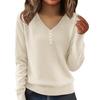 Women's Fashion V-Neck Button-Front Long-Sleeved Knit Top Solid Colour Loose-Fit Blouse