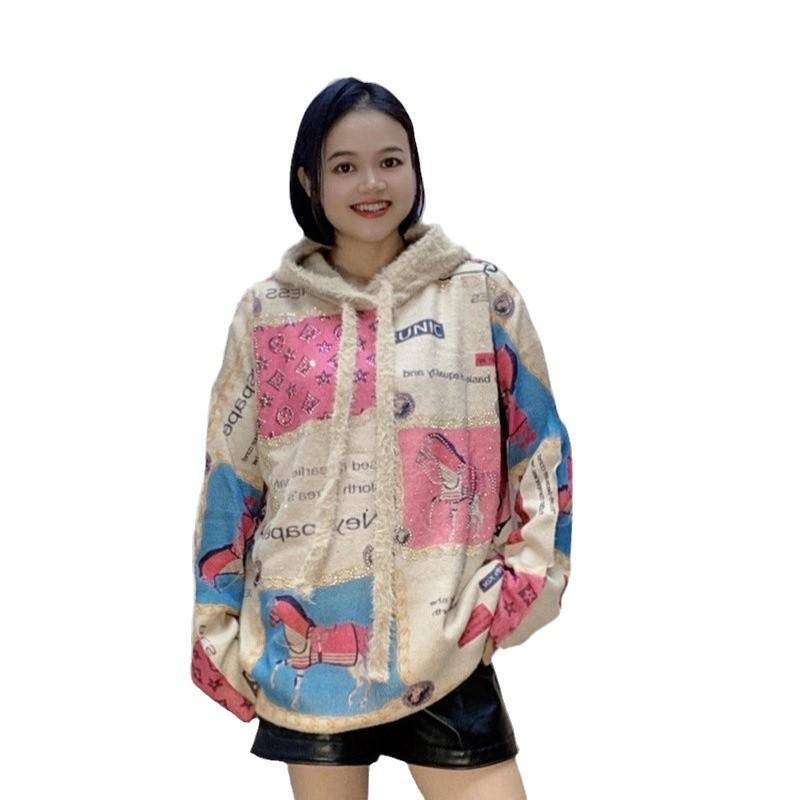 2024 Women's Retro Faux Mink Hoodie Sweater: Autumn/Winter Loose Fit, Lazy Style with Heavy Industry Hot Drilling