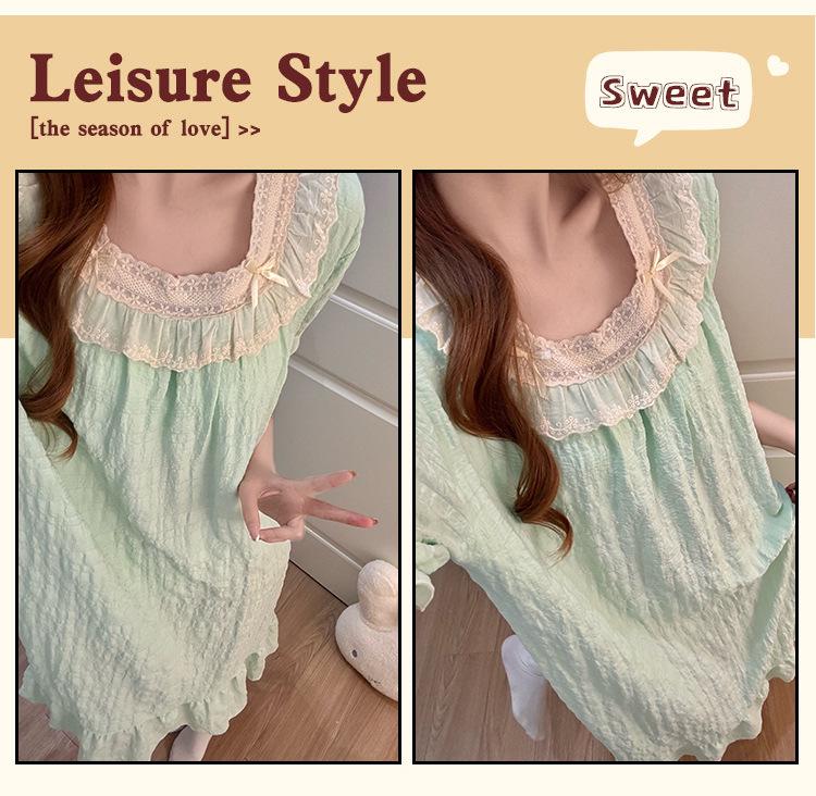2026 Summer Women's Nightgown: Cloud Cotton, Bra Pads, Short Sleeve, Lace Trim Long Dress