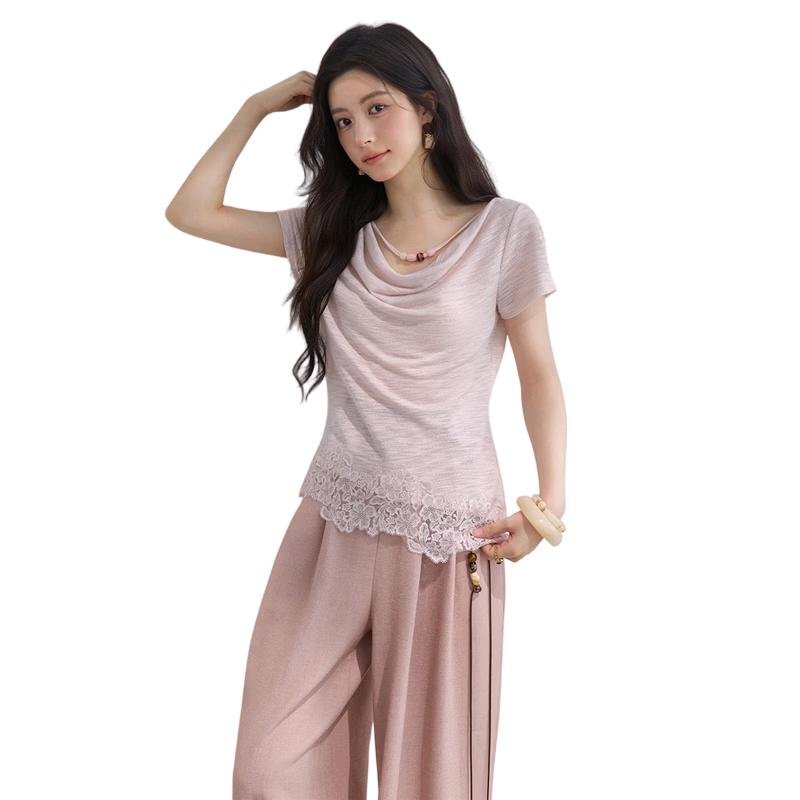 Women s Beaded Drape Neck Lace Splicing T-shirt L