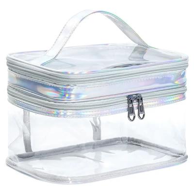Borse per il trucco trasparenti colorate laser a doppio strato Borse per cosmetici di grande capacità Borsa per il lavaggio impermeabile in PVC Borsa di stoccaggio portatile