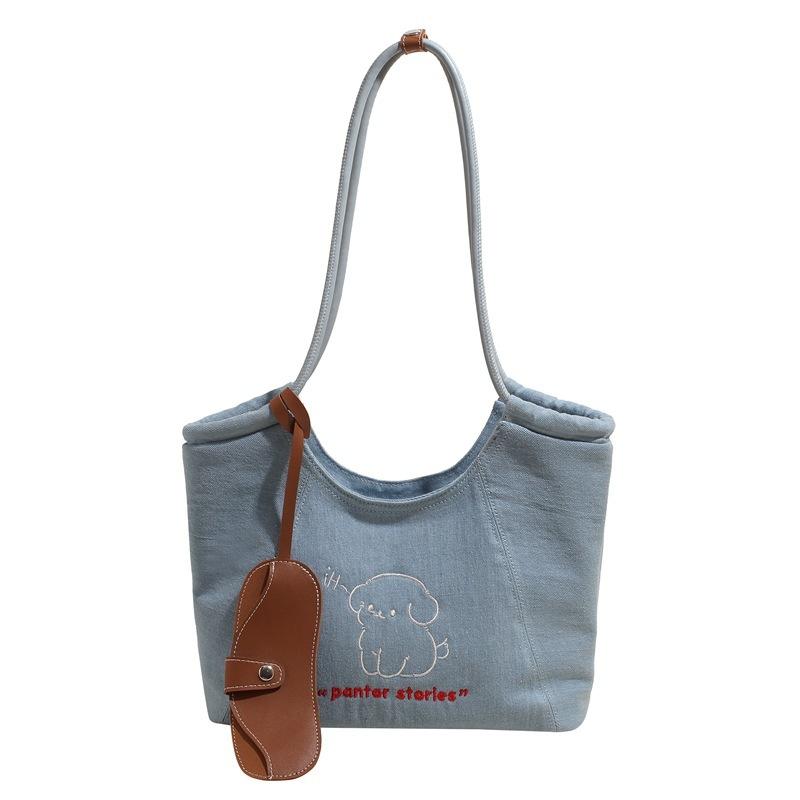 Dog Embroidery Denim Tote Bag Retro Blue Denim Hobo Tote With Leather Phe Pocket, Casual Commuter Shoulder Bag