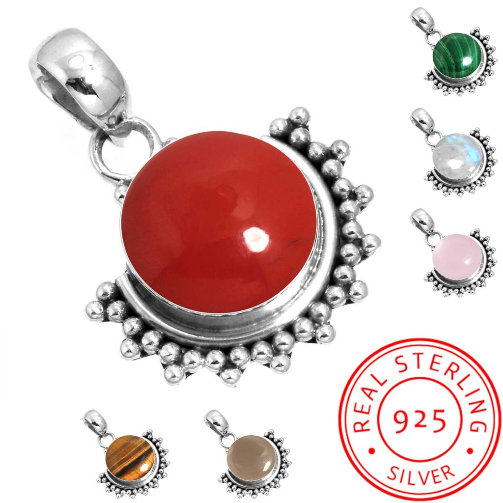 925 Sterling Silver Pendant Women Gemstone Handmade Jewelry Valentine's Day Gift Malachite Moonstone Rose Quartz Red Stone Smoky Topaz Tiger Eye