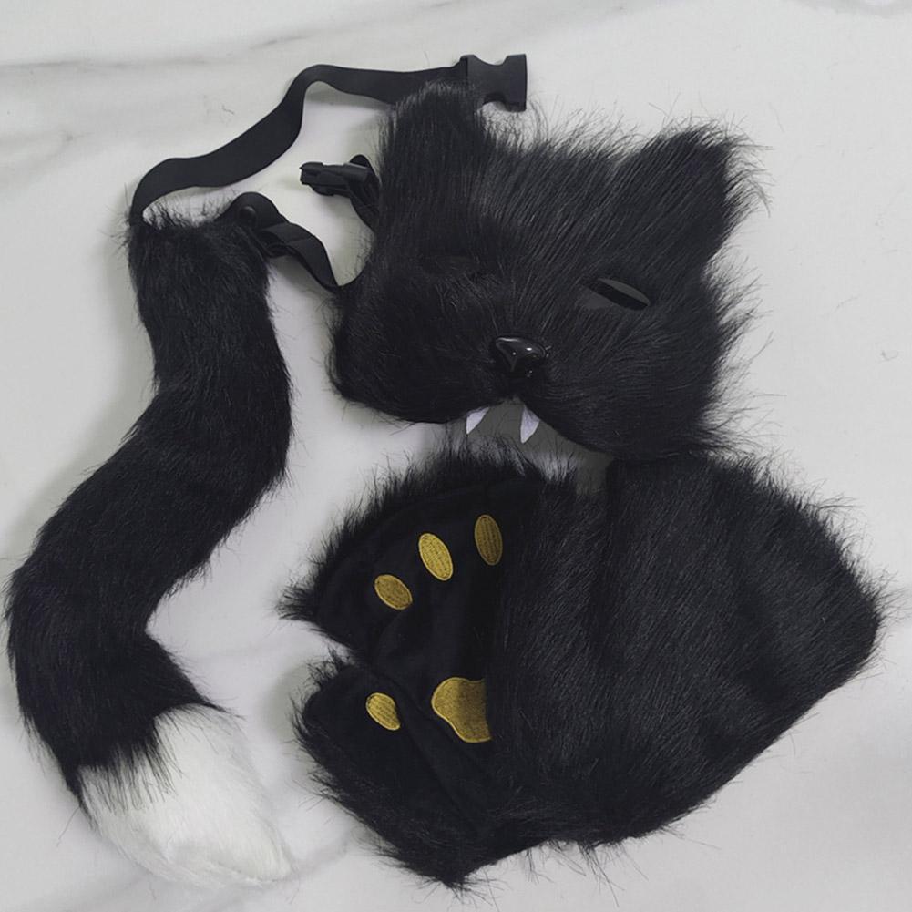 Fox Costume Set Cosplay Halloween Costume Plush Masque Fluffy Paw Gloves Halloween Party Accessories Faux Fur Fox Tail Set