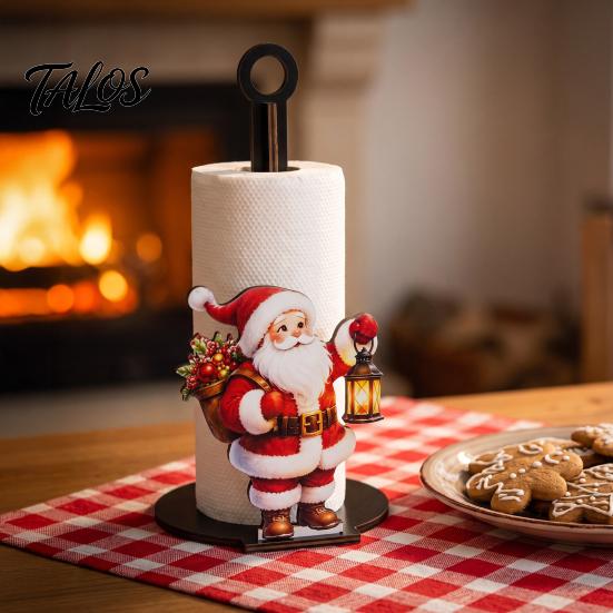 Wooden Kitchen Roll Dispenser Christmas Paper Towel Holder, Decorative Vertical Dispenser, Holder Stable Weighted Base Organizer for Holiday
