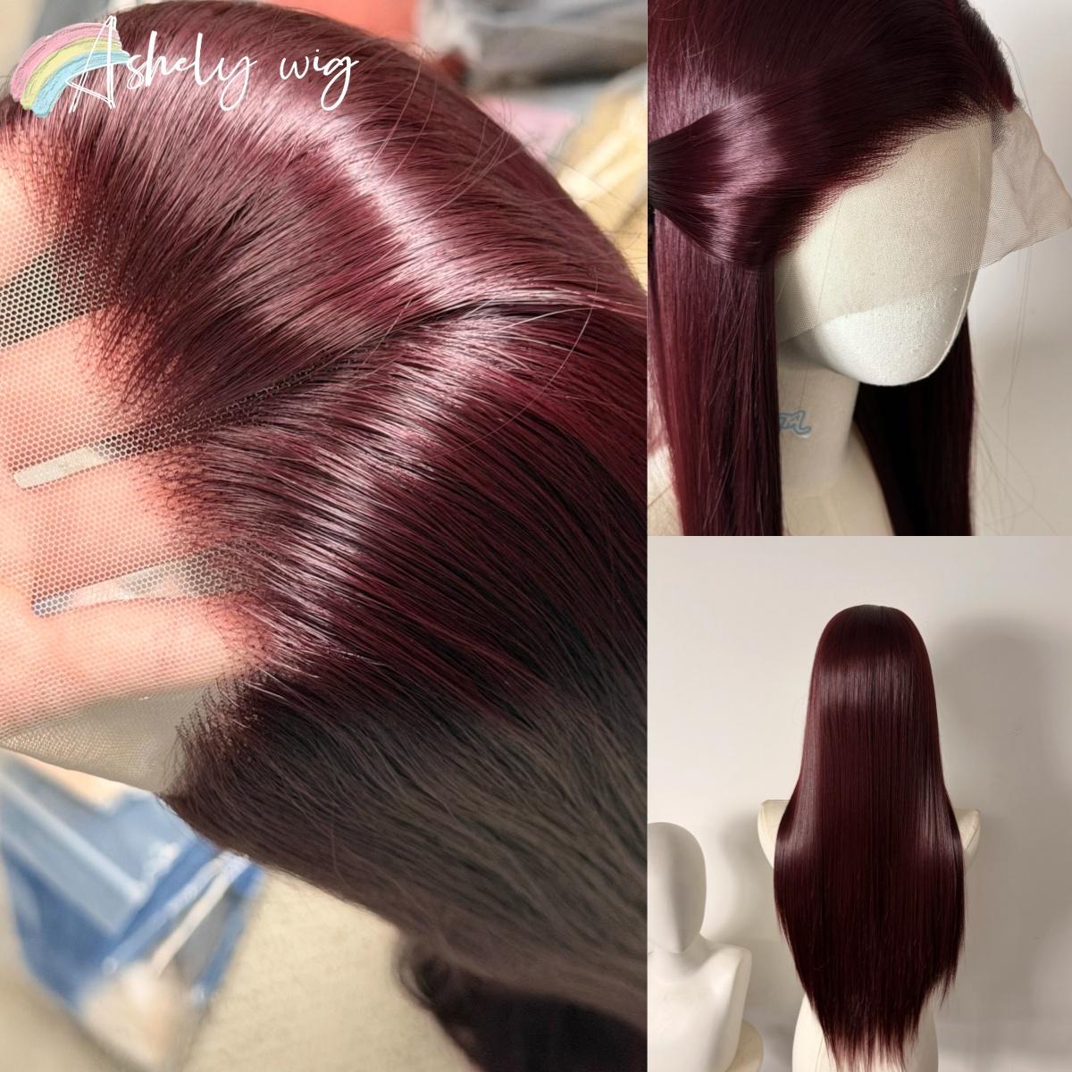 

13*4 Lace Front Wig Female 26inch Long Straight Glueless Wig Bordeaux Red Black Red Wigs for Women Synthetic Lace Wigs cosplay (as the picture,150%&1pc)