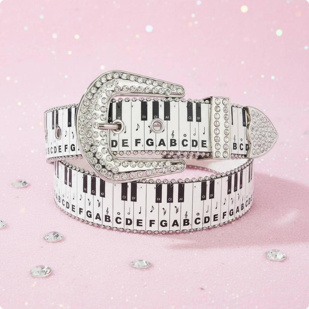 Women Belt Y2K Rhinestone Piano Buckle Metal