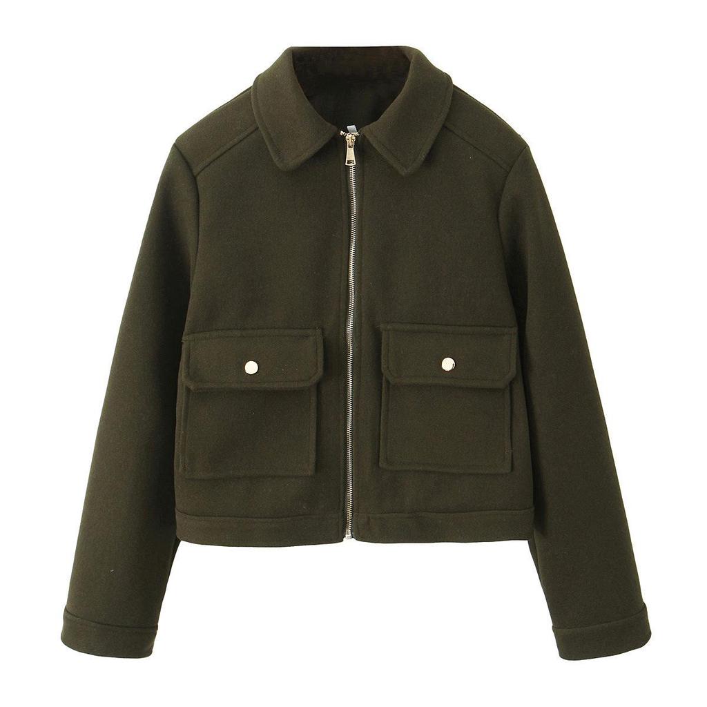 TAOP&ZA Early Spring Soft Jacket with Zipper Detail and Turn-Down Collar, Long Sleeve, Short Outerwear