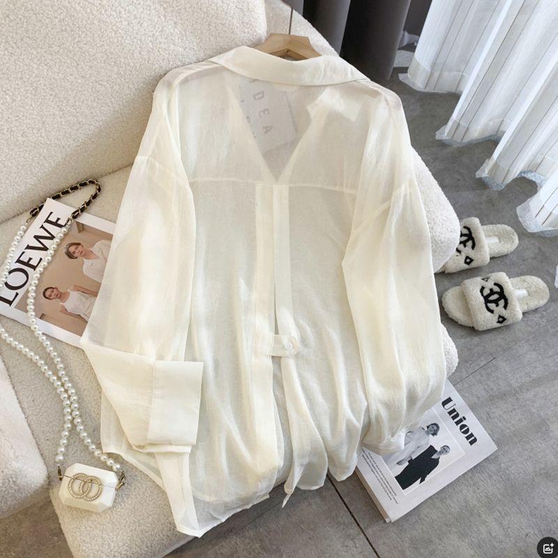 Womens Summer Loose Fit Shirt Ice Silk Print Long Sleeve Open Front Casual Blouse Lightweight Outwear