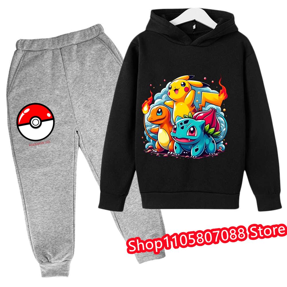 2026 Jaro Podzim 3-14 let Děti Pikachu Kreslená Mikina Set Oblečení pro Kluky Outfit pro Holky