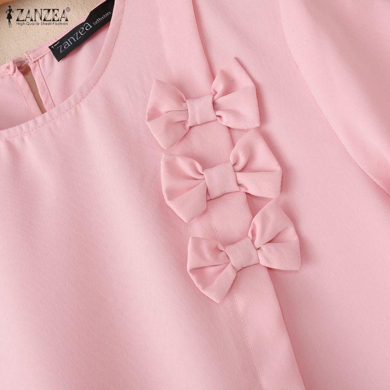 ZANZEA Women Bows Splice Summer Casual Round Neck Short Sleeve Dress