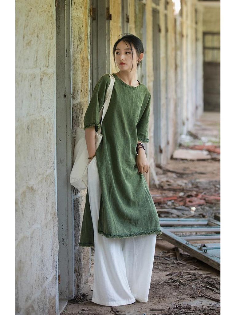 Frühling/Sommer Damen Baumwolle Leinen Fünf-Ärmel Ramie Zen Kleid