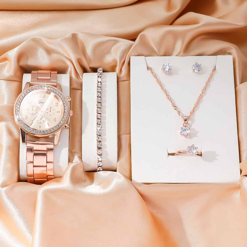 5pcs/set Steel Belt Women's Watch Fake Three Eyes Women's Casual Korean Quartz Watch Set