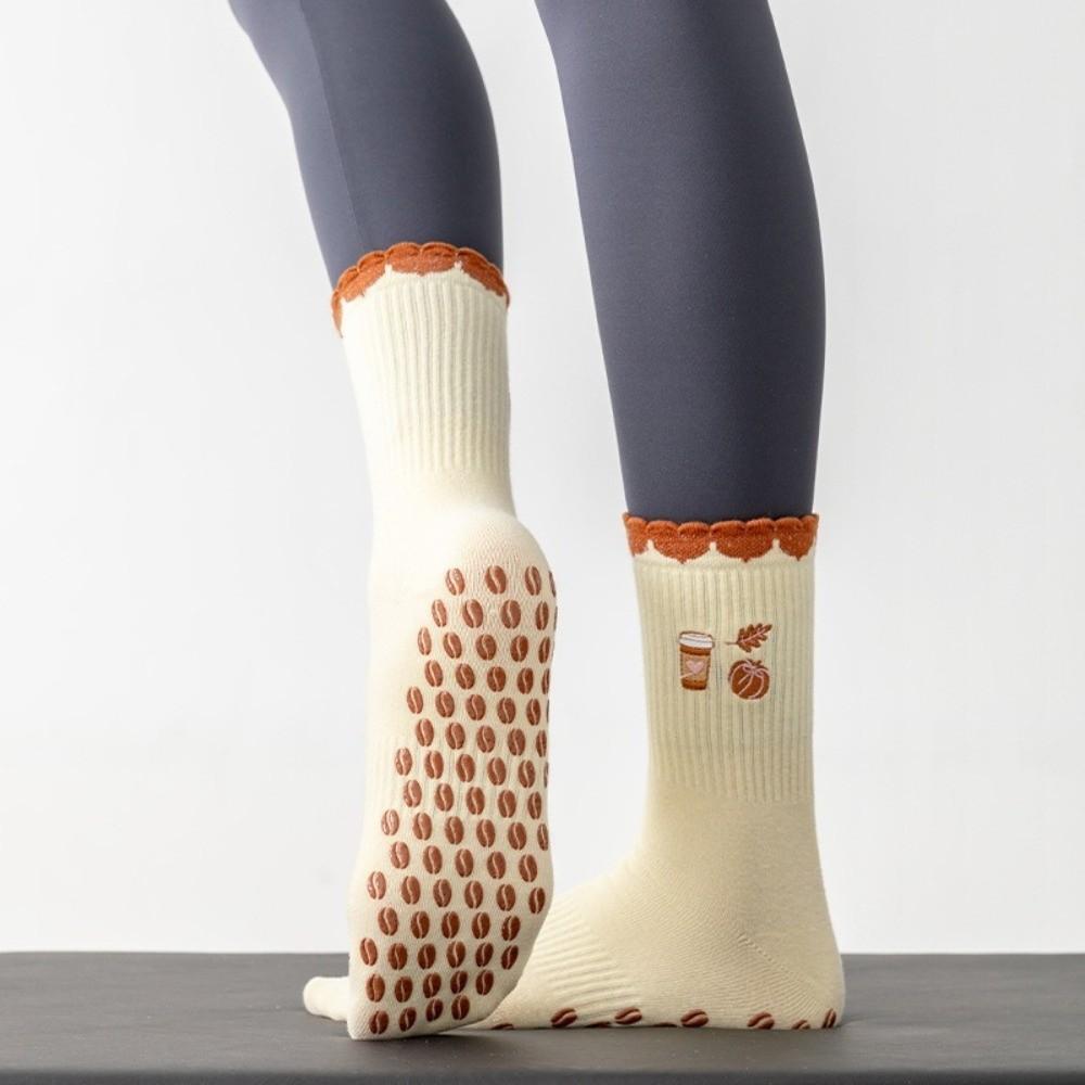 Pumpkin Embroidery Pilates Socks Non-Slip Cuffed Mid Tube Socks Professional Floor Socks for Women