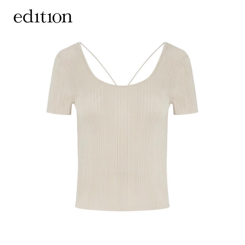 Edition Women's Knitted Ballet Collar Backless Beaded Short Sleeve Top