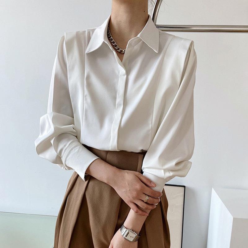 Camicetta elegante bianca in raso vintage da donna, da ufficio, moda coreana, estetica, a maniche lunghe, stile old money, primavera