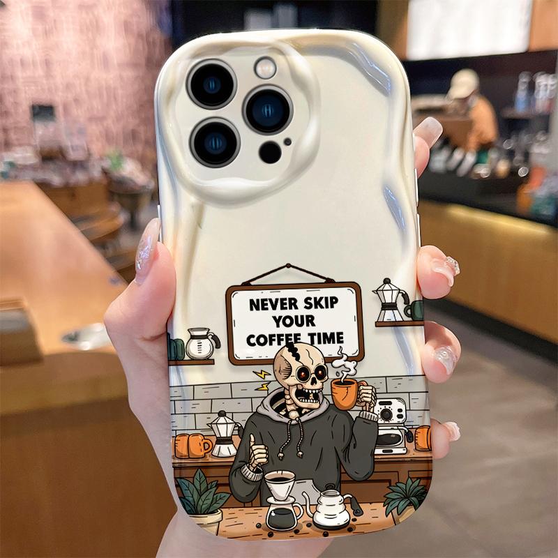 Funny Skeleton Coffee Bar Wave Phone Case for iPhone 17 Air 16 E 15 14 Plus 13 12 Mini 11 Pro Max Liquid Silicone Covers Funda