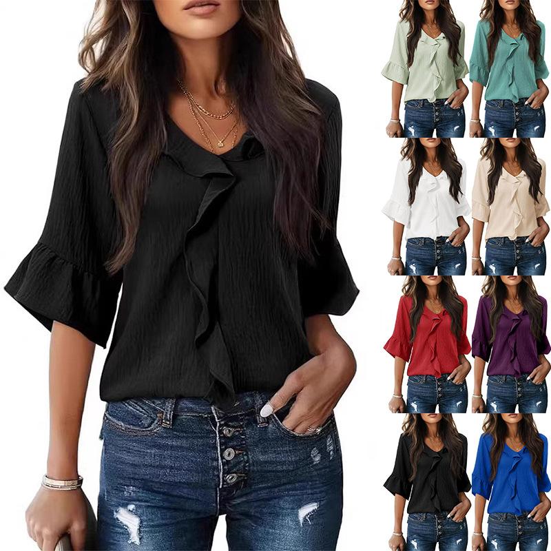 Women's V Neck Ruffle Blouse 3/4 Bell Sleeve Casual Solid Loose Fit Tunic Top